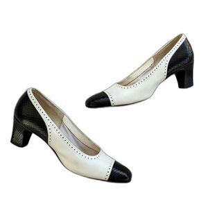 Vtg. 40s AirStep Snakeprint Spectator Cuban Heel Mid Height Pumps, Sz. 6 / 6.5